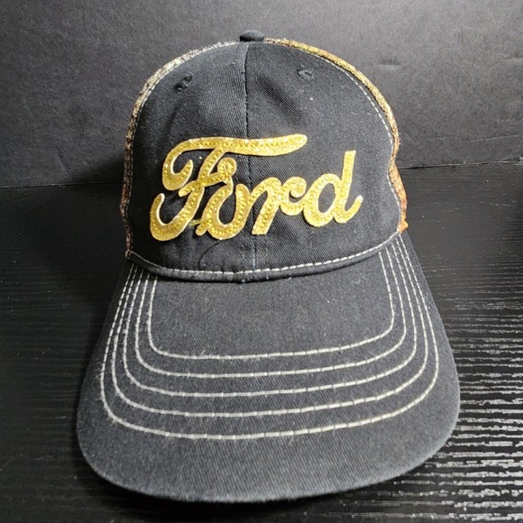 Ford Trucker Hat Gold Sparkle Black Camo Mesh Cap Strapback - Picture 1 of 8